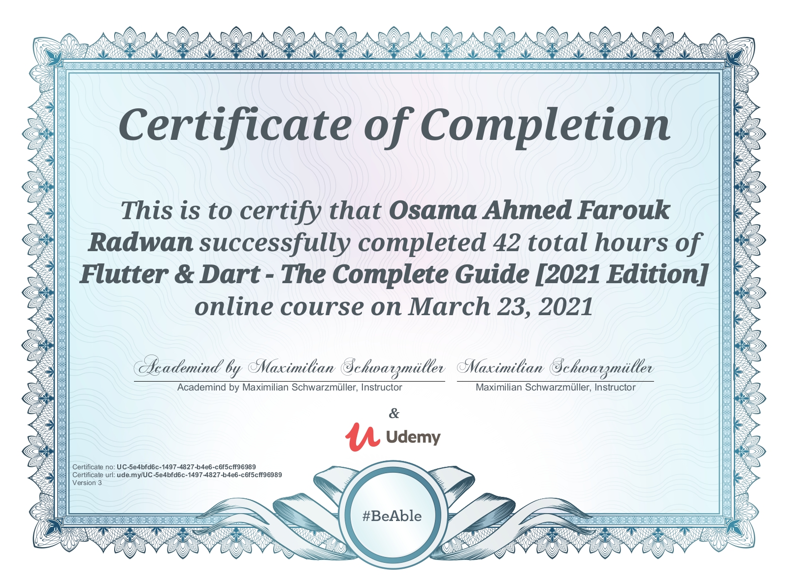 Flutter and Dart Development Certificate - Udemy