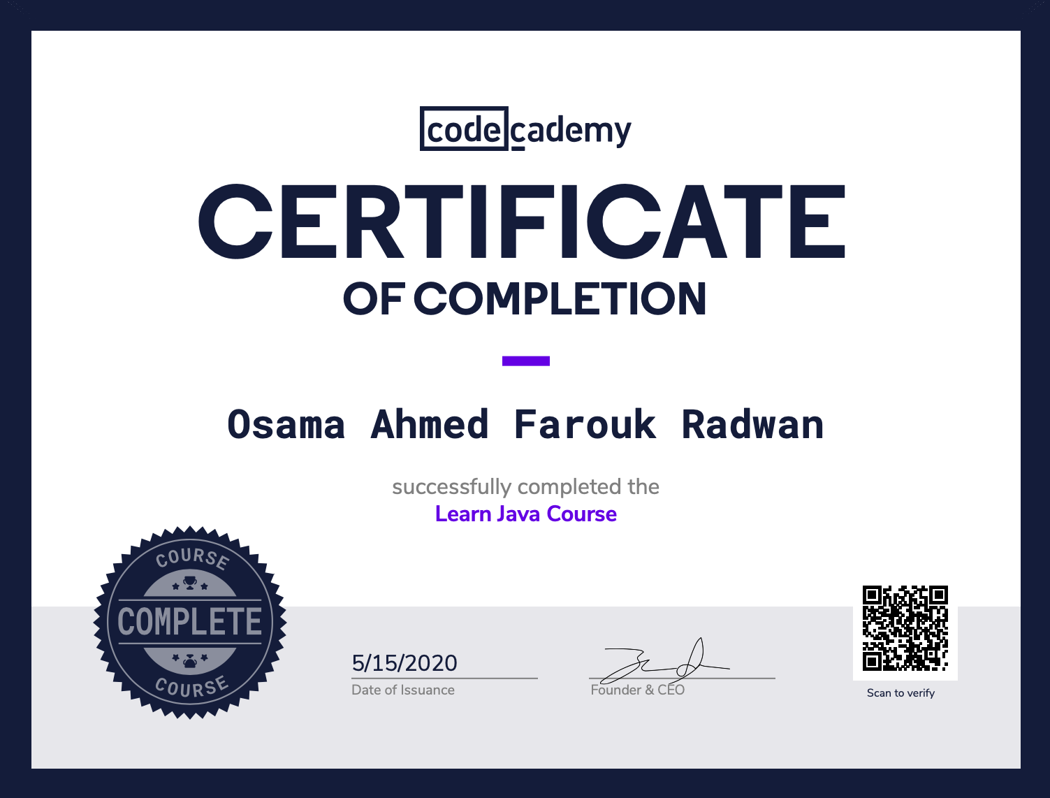 Java Certificate - Codecademy