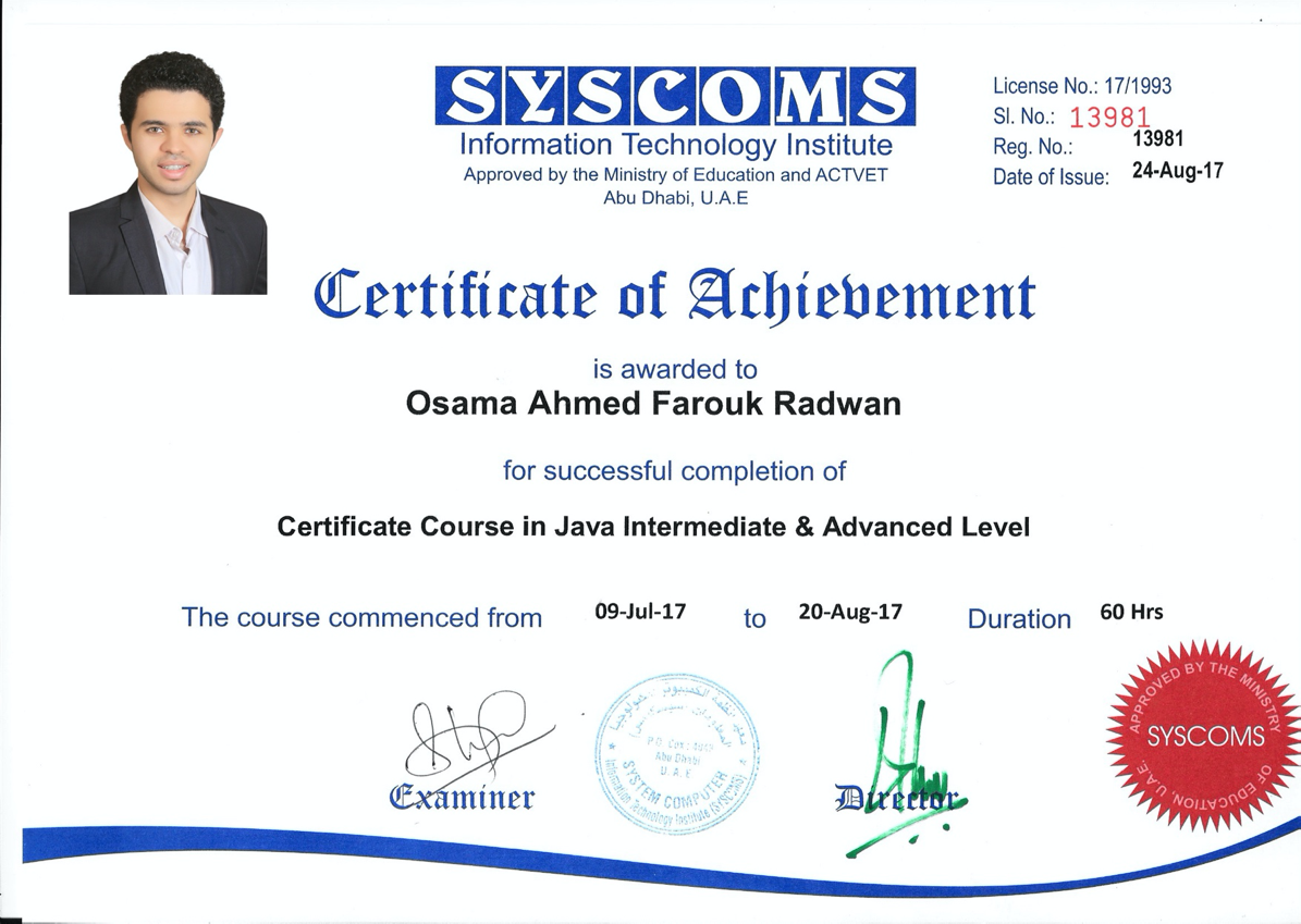 Java Certificate - Syscoms ITI - UAE