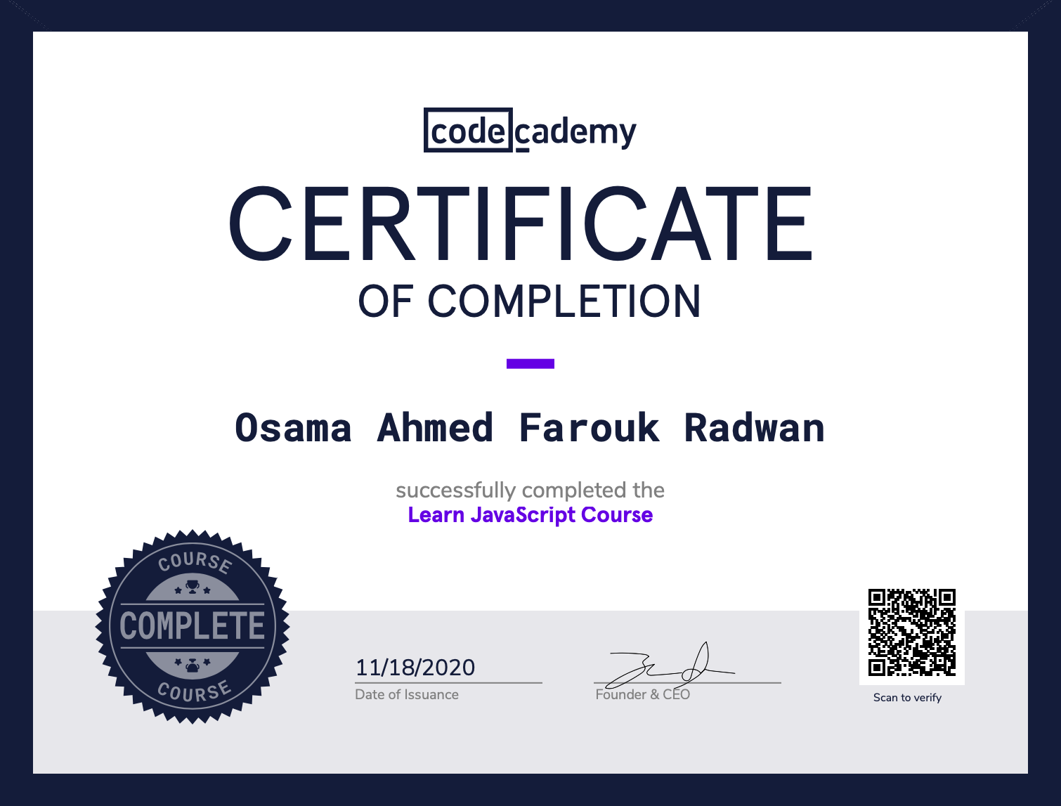 JavaScript Certificate - Codecademy