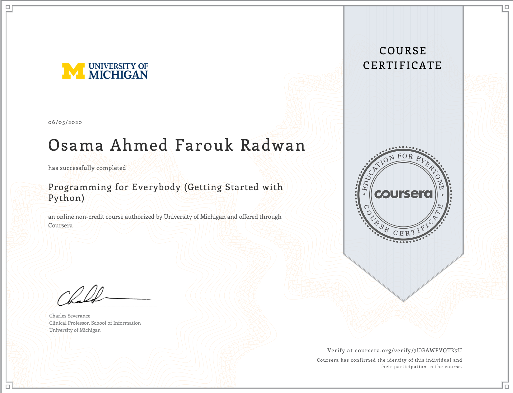 Python Certificate - University of Michigan - USA