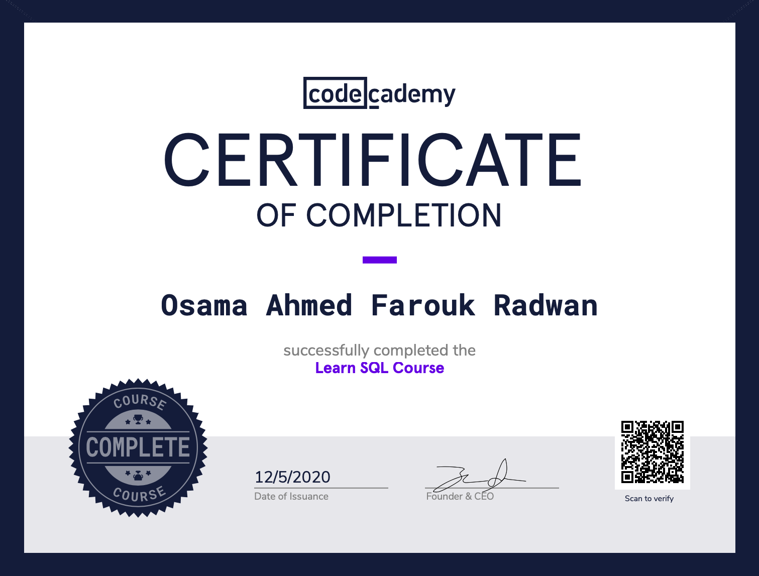 SQL Certificate - Codecademy
